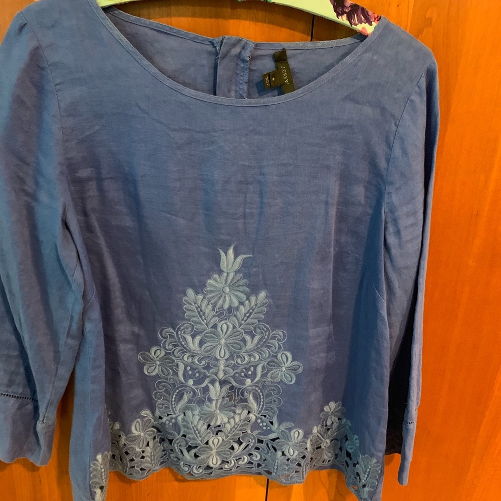 J. Crew Embroidered Linen Top Royal Blue 8 blouse